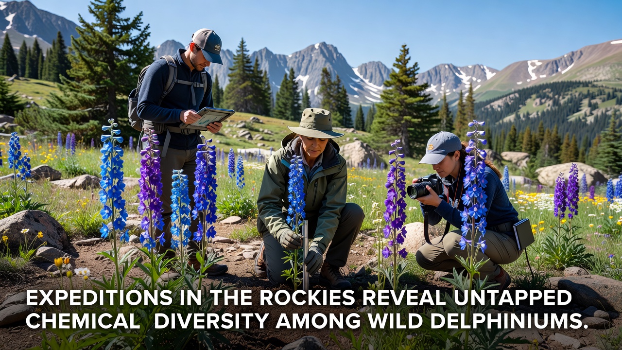 Researchers collecting samples from delphinium plants in a mountainous meadow